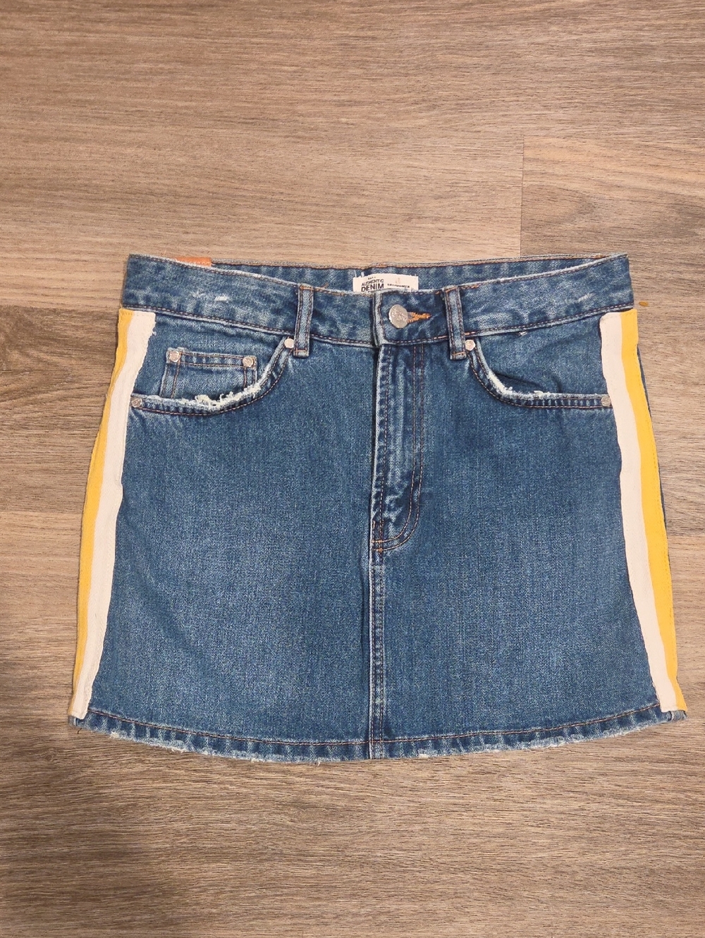 Zara Blue Denim Mini Skirt with Yellow and White Side Stripes Size Small
